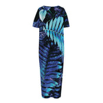 Blue Tropical Leaves Print Short Sleeve Long Nightdress