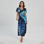 Blue Tropical Leaves Print Short Sleeve Maxi Dress