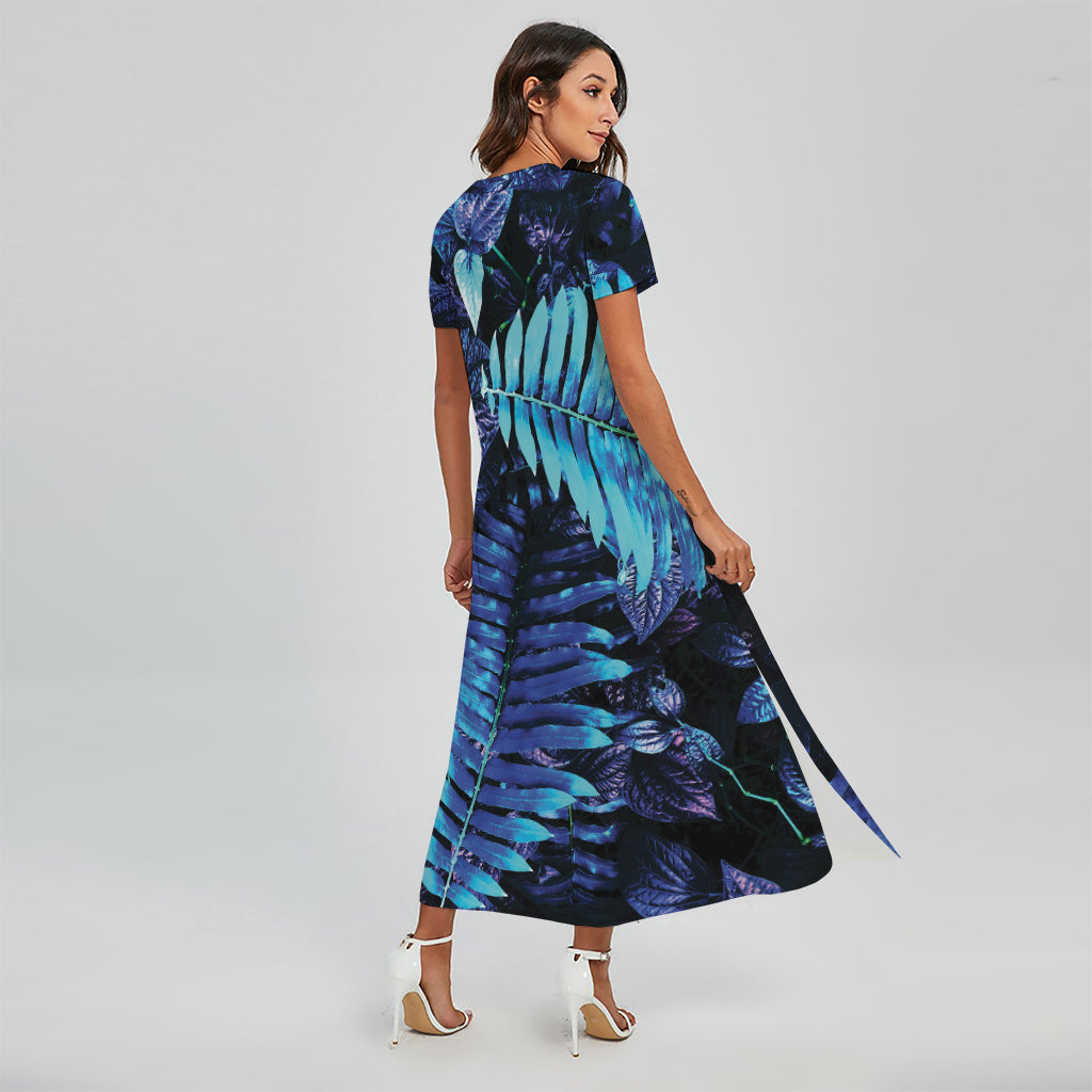 Blue Tropical Leaves Print Short Sleeve Maxi Dress