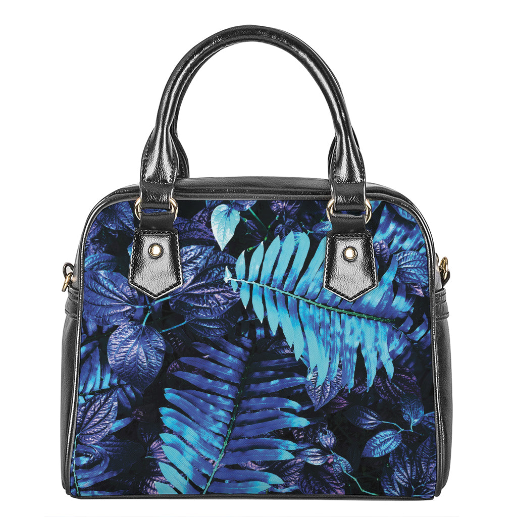 Blue Tropical Leaves Print Shoulder Handbag
