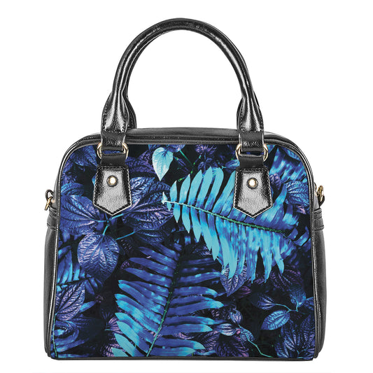 Blue Tropical Leaves Print Shoulder Handbag