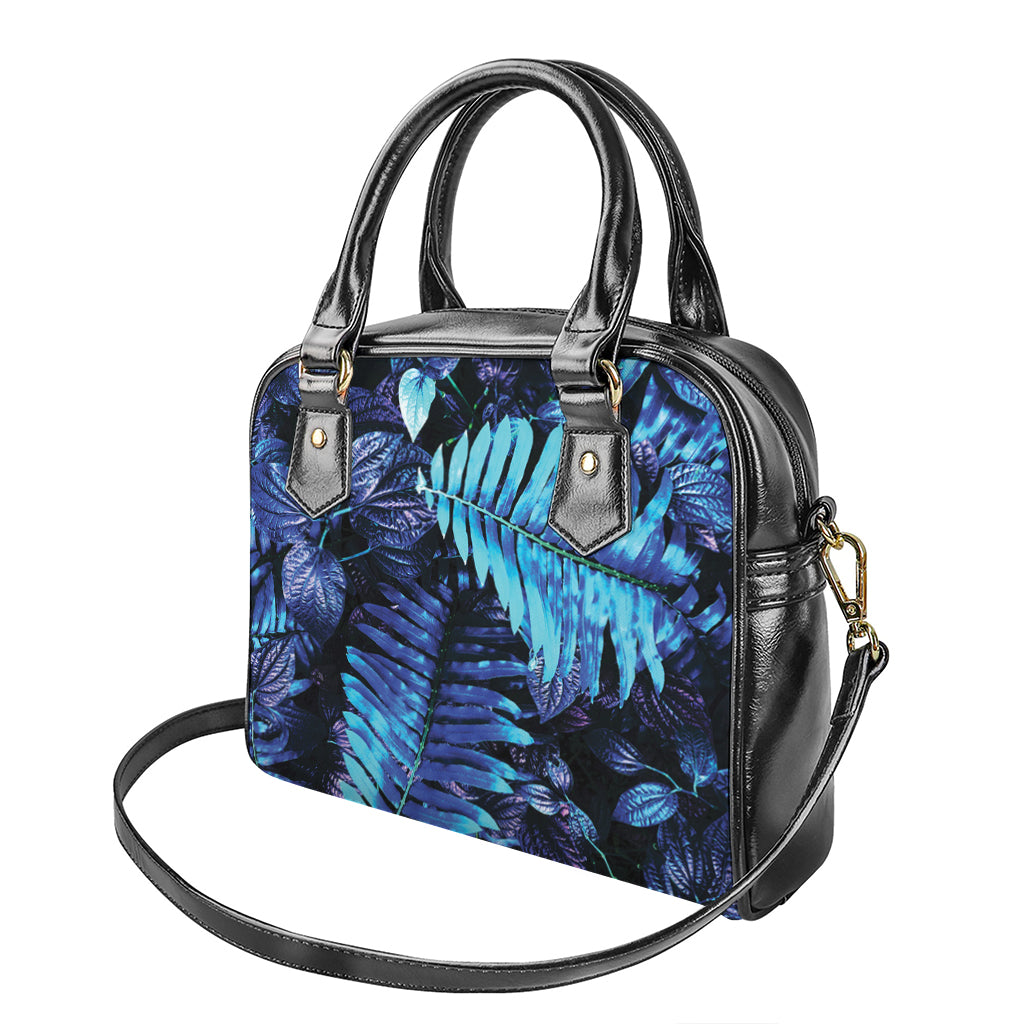 Blue Tropical Leaves Print Shoulder Handbag