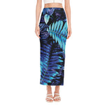 Blue Tropical Leaves Print Side Slit Maxi Skirt