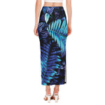 Blue Tropical Leaves Print Side Slit Maxi Skirt