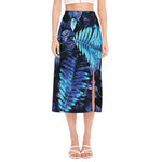 Blue Tropical Leaves Print Side Slit Midi Skirt