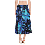 Blue Tropical Leaves Print Side Slit Midi Skirt
