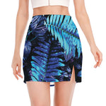 Blue Tropical Leaves Print Side Slit Mini Skirt