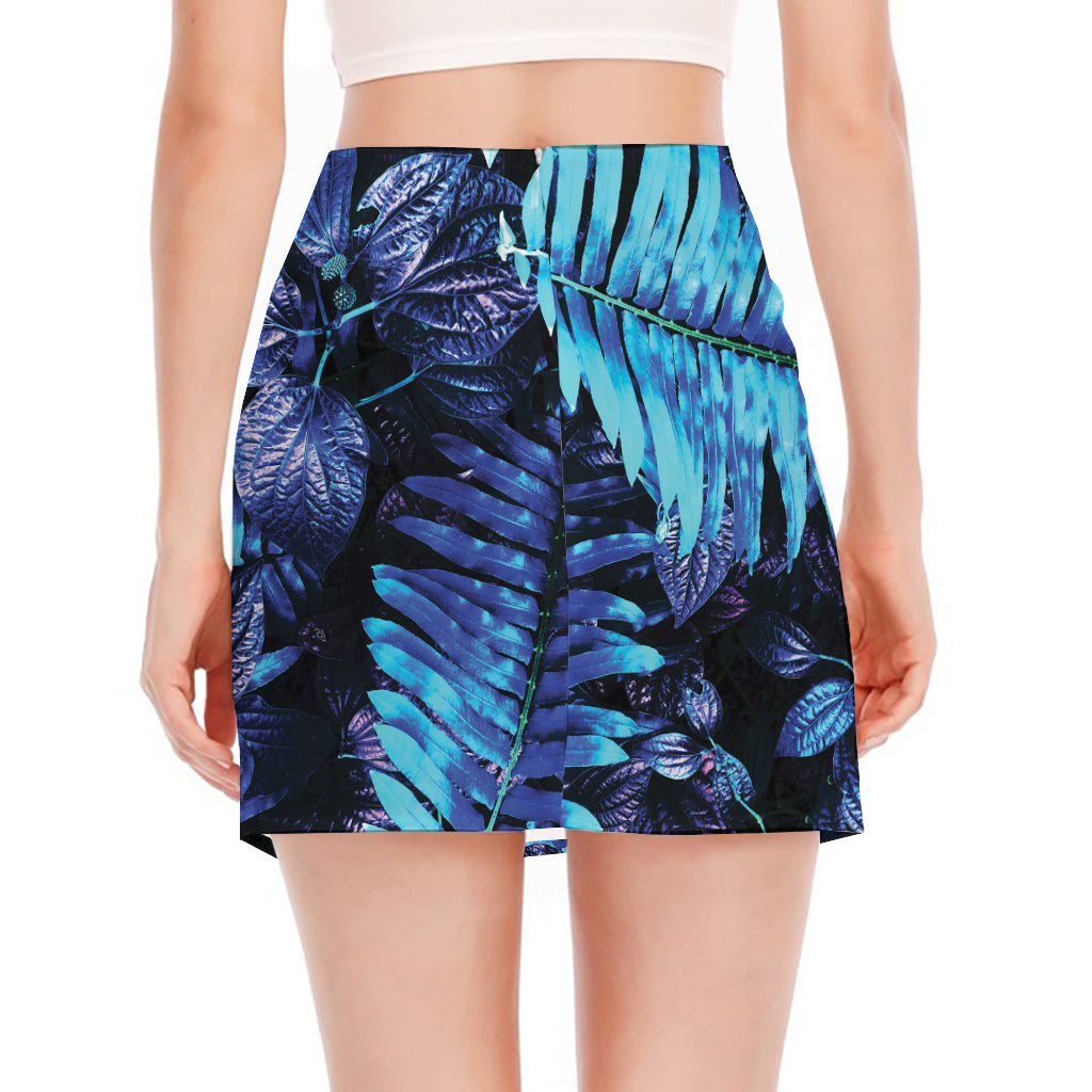 Blue Tropical Leaves Print Side Slit Mini Skirt