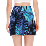 Blue Tropical Leaves Print Side Slit Mini Skirt