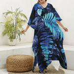 Blue Tropical Leaves Print Silk V-Neck Kaftan Dress