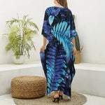 Blue Tropical Leaves Print Silk V-Neck Kaftan Dress
