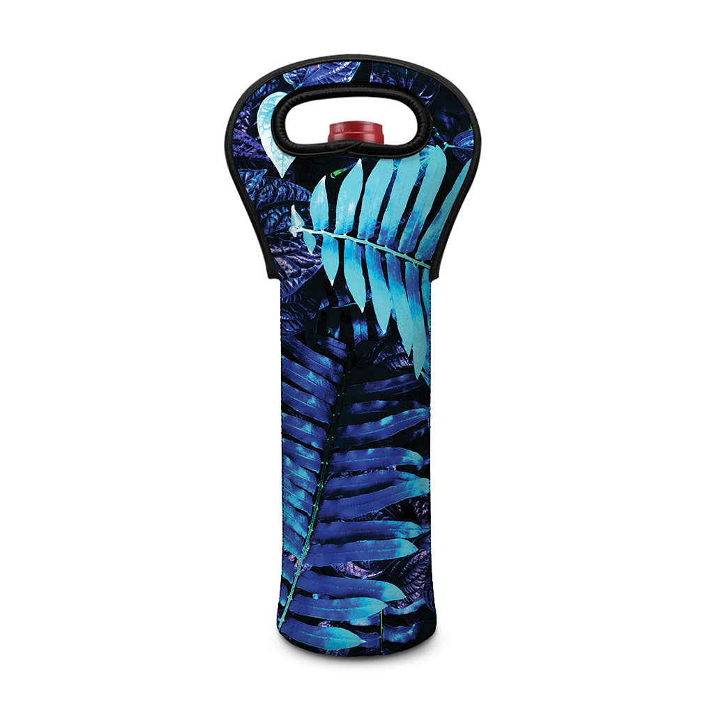Blue Tropical Leaves Print Single Neoprene Wine Tote