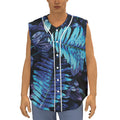 Blue Tropical Leaves Print Sleeveless Baseball Jersey