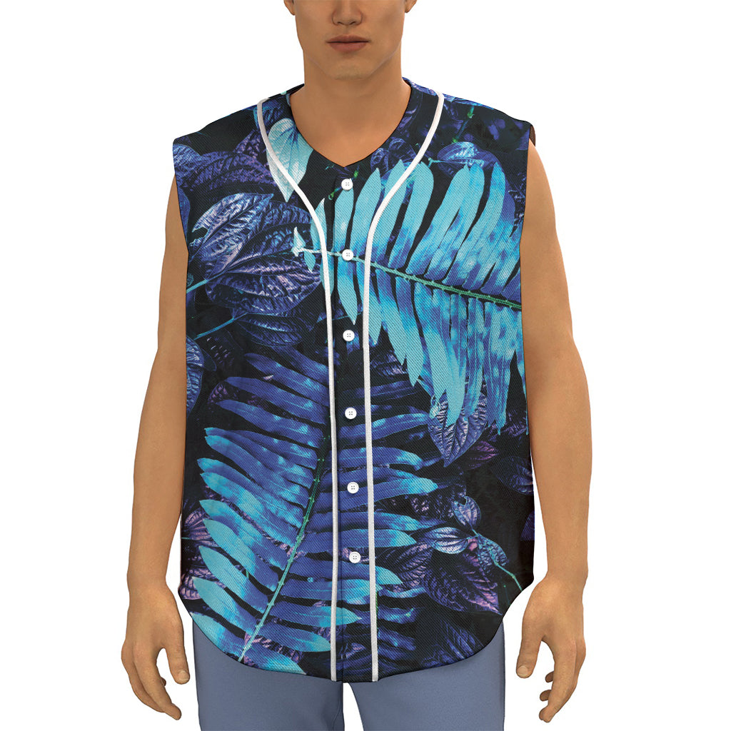 Blue Tropical Leaves Print Sleeveless Baseball Jersey