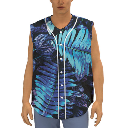 Blue Tropical Leaves Print Sleeveless Baseball Jersey