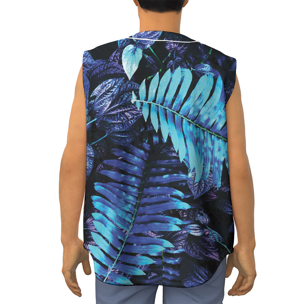 Blue Tropical Leaves Print Sleeveless Baseball Jersey