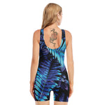 Blue Tropical Leaves Print Sleeveless One Piece Swimsuit