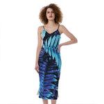 Blue Tropical Leaves Print Slim Fit Midi Cami Dress