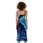 Blue Tropical Leaves Print Slim Fit Midi Cami Dress