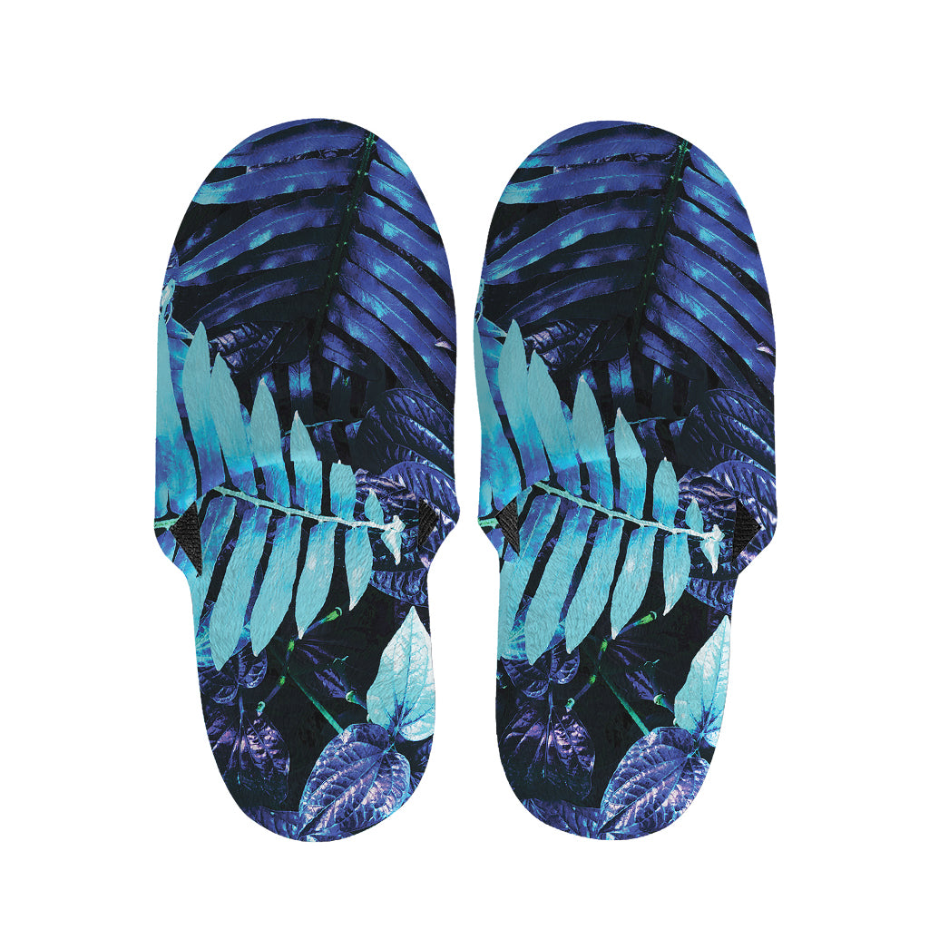 Blue Tropical Leaves Print Slippers
