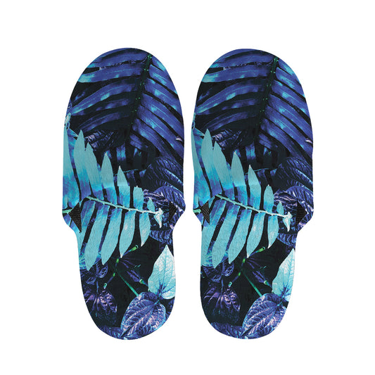 Blue Tropical Leaves Print Slippers