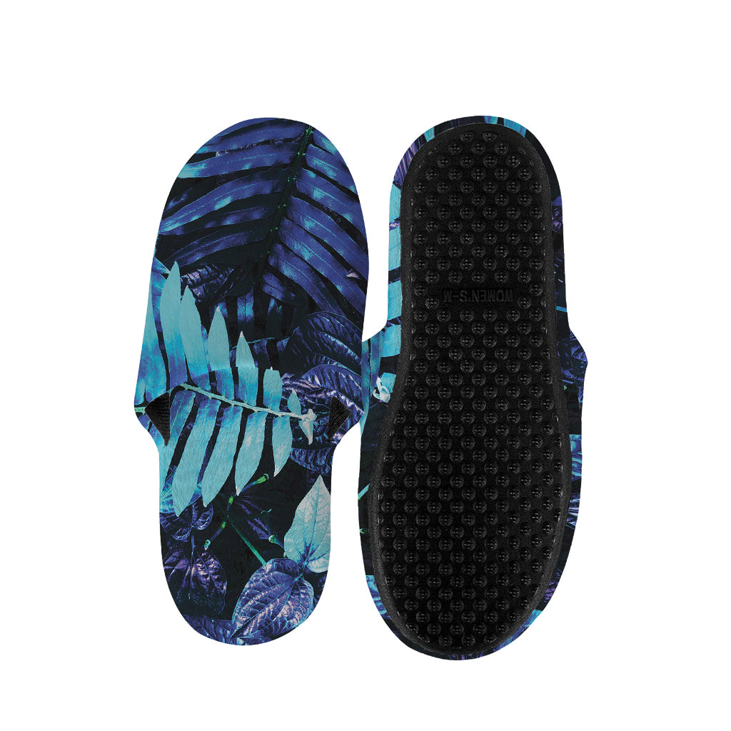 Blue Tropical Leaves Print Slippers
