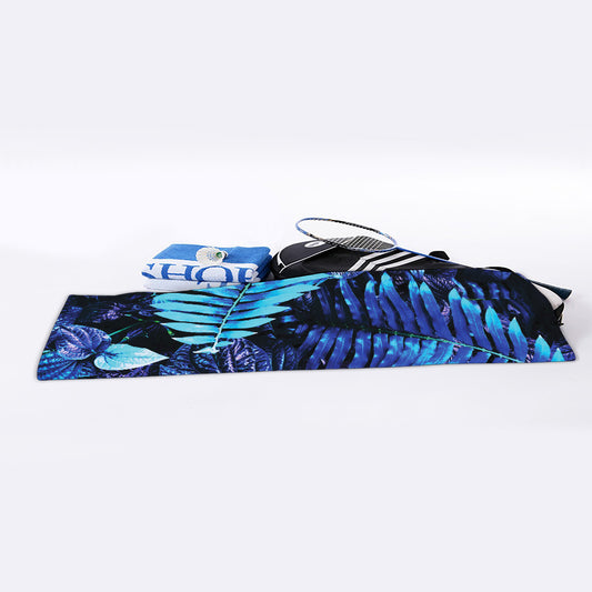 Blue Tropical Leaves Print Sports Towel