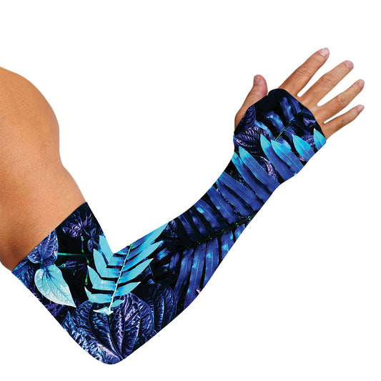 Blue Tropical Leaves Print Sun Protection Arm Sleeves