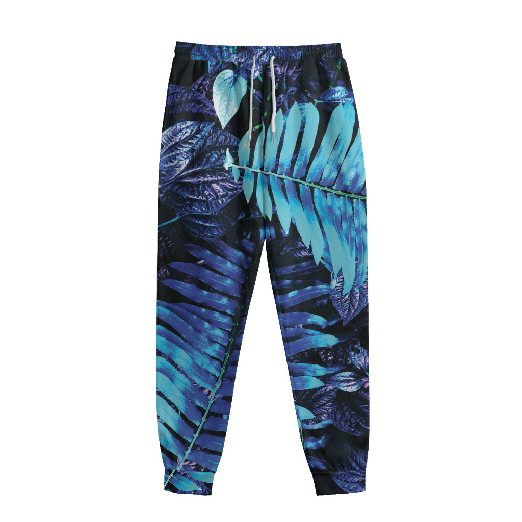 Blue Tropical Leaves Print Sweatpants