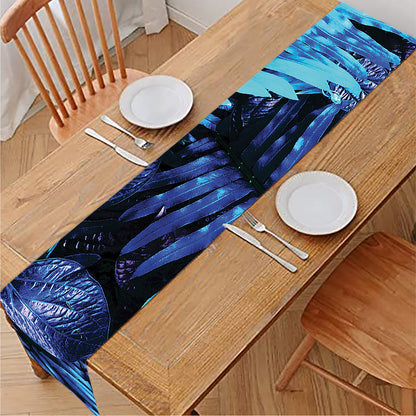 Blue Tropical Leaves Print Table Runner