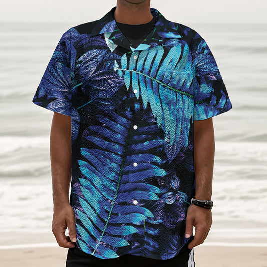 Blue Tropical Leaves Print Textured Short Sleeve Shirt