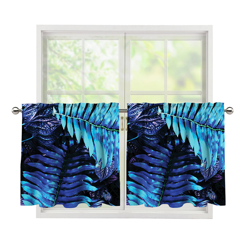 Blue Tropical Leaves Print Tier Curtains