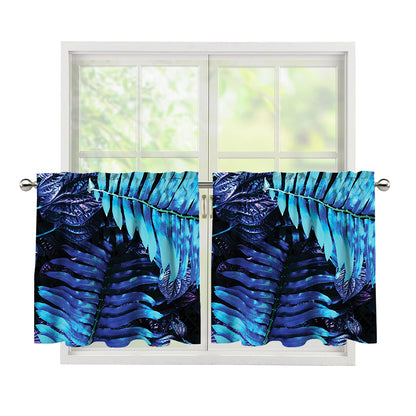 Blue Tropical Leaves Print Tier Curtains