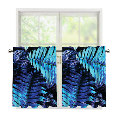 Blue Tropical Leaves Print Tier Curtains