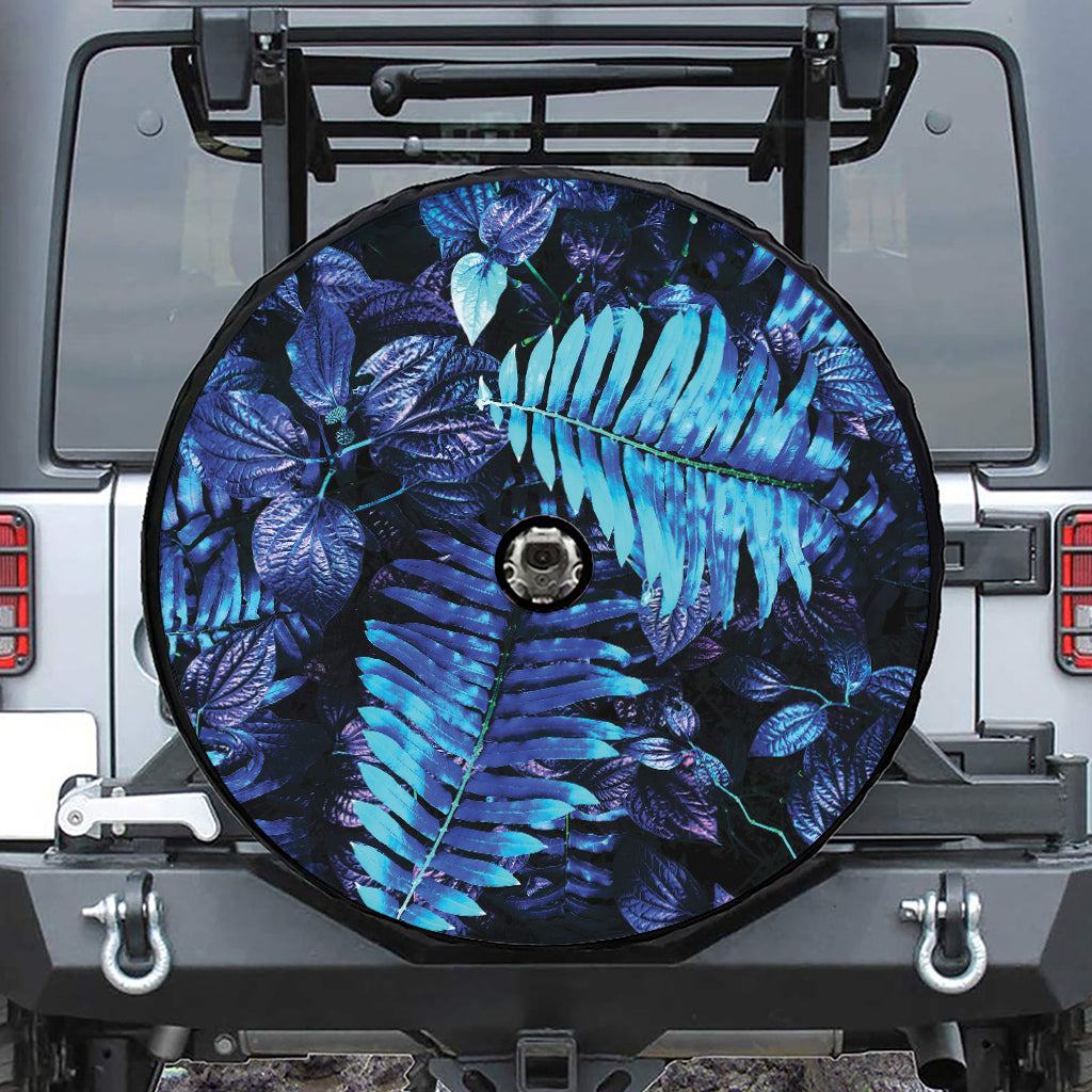 Blue Tropical Leaves Print Tire Cover With Camera Hole