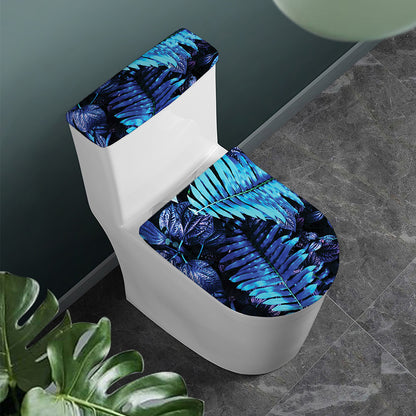 Blue Tropical Leaves Print Toilet Lid And Tank Cover Set