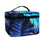Blue Tropical Leaves Print Travel Makeup Bag