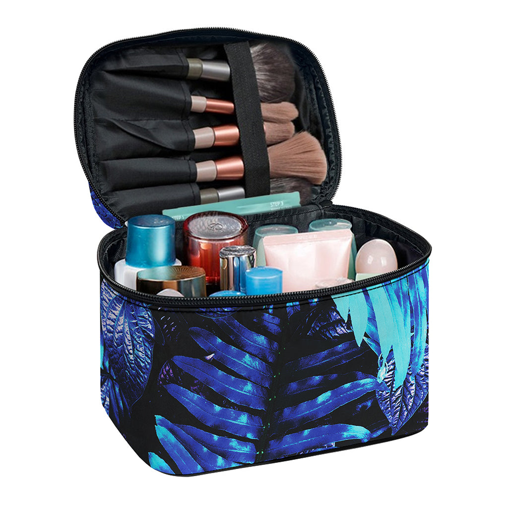 Blue Tropical Leaves Print Travel Makeup Bag