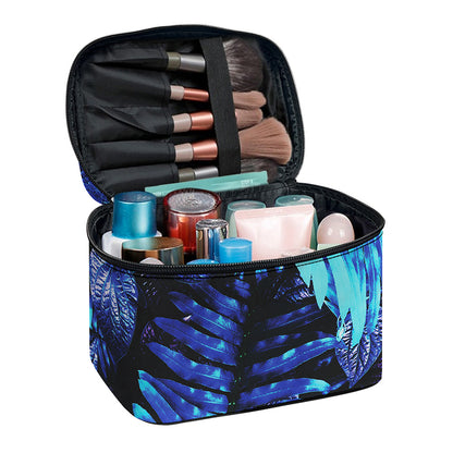 Blue Tropical Leaves Print Travel Makeup Bag