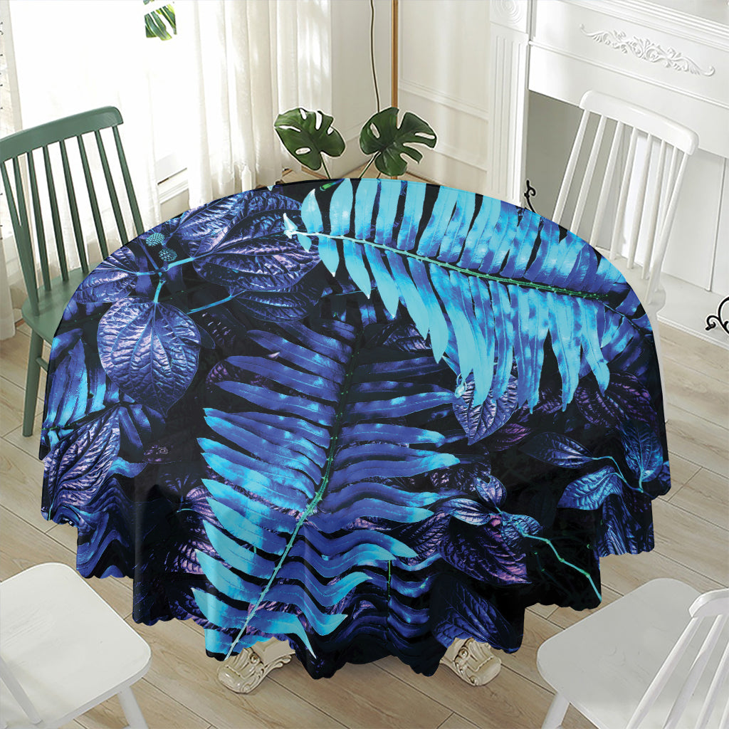 Blue Tropical Leaves Print Waterproof Round Tablecloth