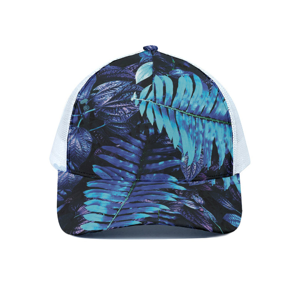 Blue Tropical Leaves Print White Mesh Trucker Cap