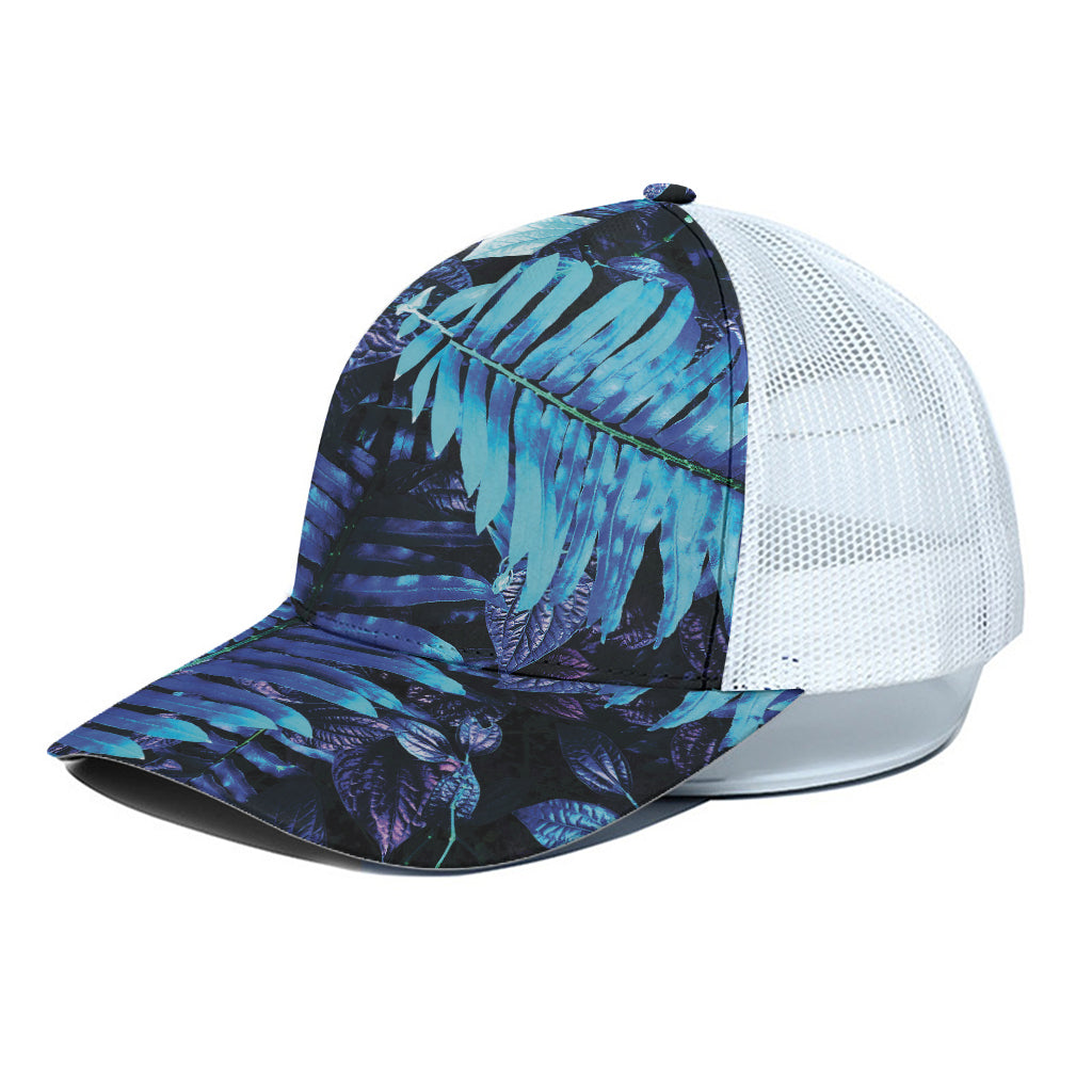 Blue Tropical Leaves Print White Mesh Trucker Cap