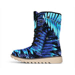 Blue Tropical Leaves Print Winter Boots