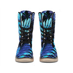 Blue Tropical Leaves Print Winter Boots