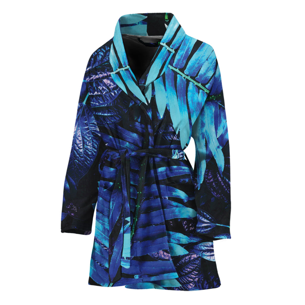 Blue Tropical Leaves Print Women's Bathrobe