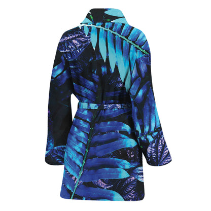 Blue Tropical Leaves Print Women's Bathrobe