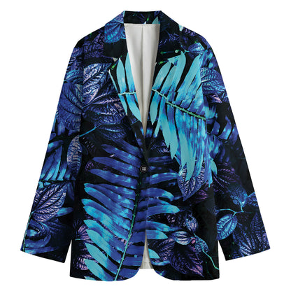 Blue Tropical Leaves Print Women's Blazer