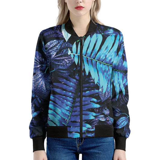 Blue Tropical Leaves Print Women's Bomber Jacket