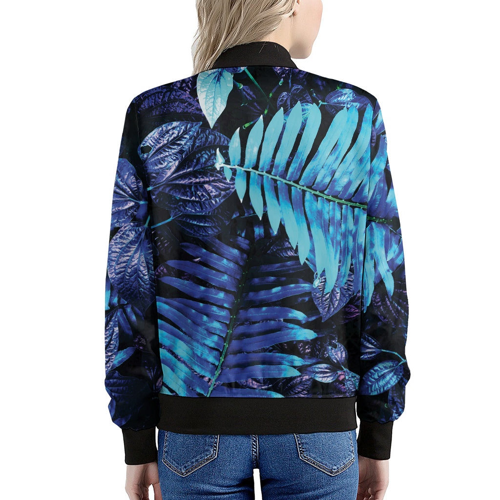 Blue Tropical Leaves Print Women's Bomber Jacket