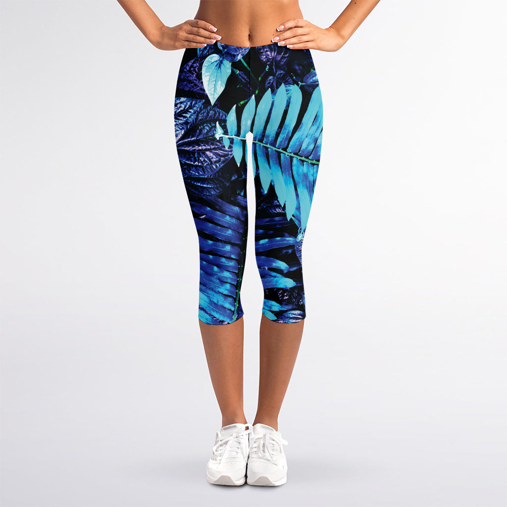 Blue Tropical Leaves Print Women's Capri Leggings